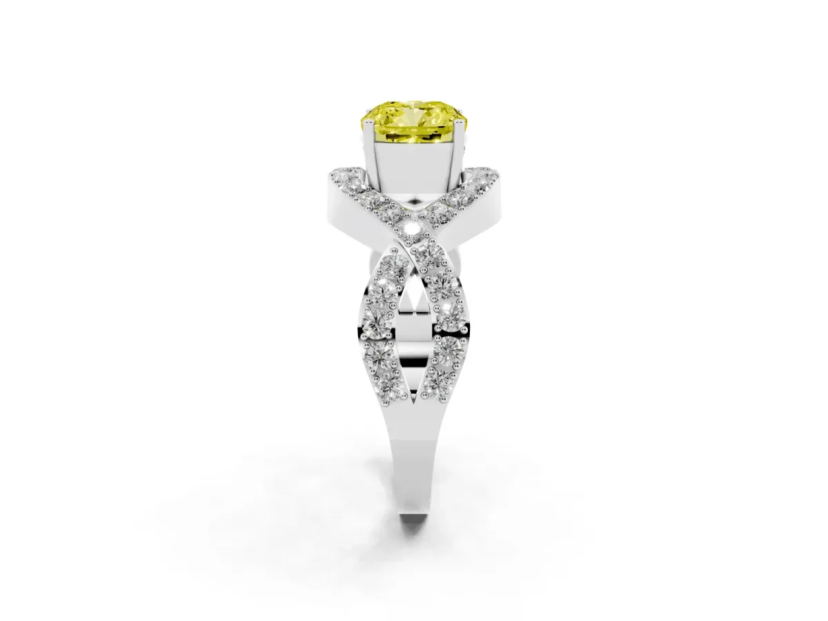 Fancy Yellow Cushion Cut Solitaire Twist Band Pavé Diamond Engagement Ring Silver
