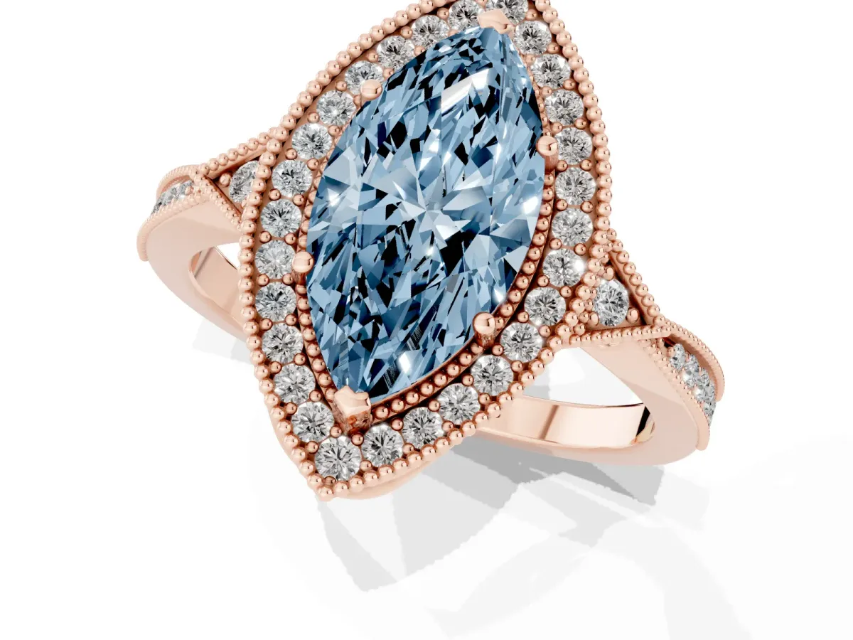 Fancy Blue Marquise Cut Halo Round Diamond Milgrain Pave Engagement Ring Rose gold