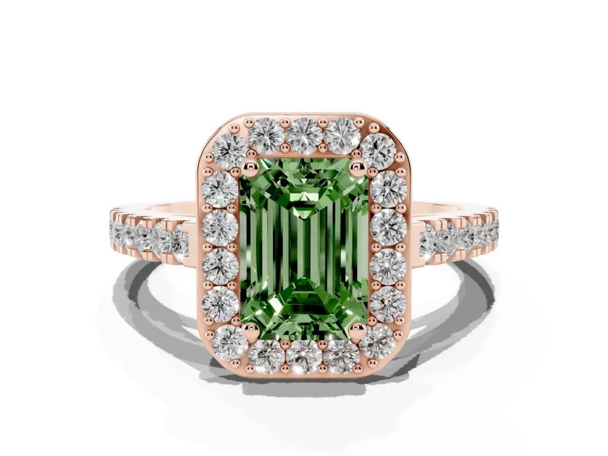 Fancy Green Emerald Cut Diamond Halo Ring with Round Pavé Split Shank and Prong Setting Rose gold