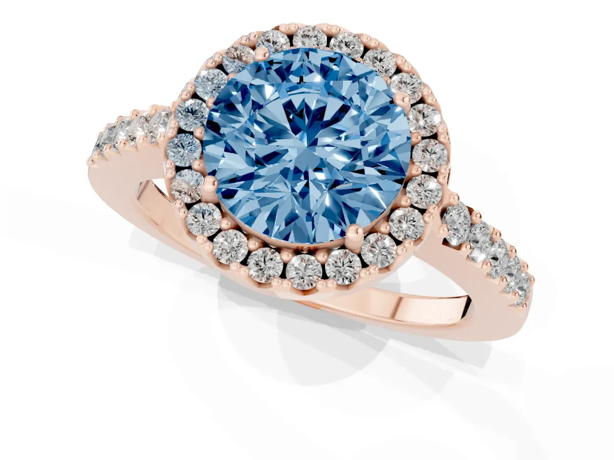 Fancy Blue Round Cut Halo Diamond Pavé Solitaire Ring Rose gold