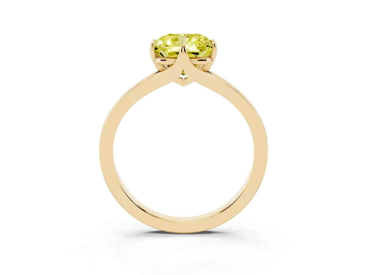 Fancy Yellow Cushion Cut Solitaire Diamond Ring with Six-Prong Setting and Tapered Band Yellow gold