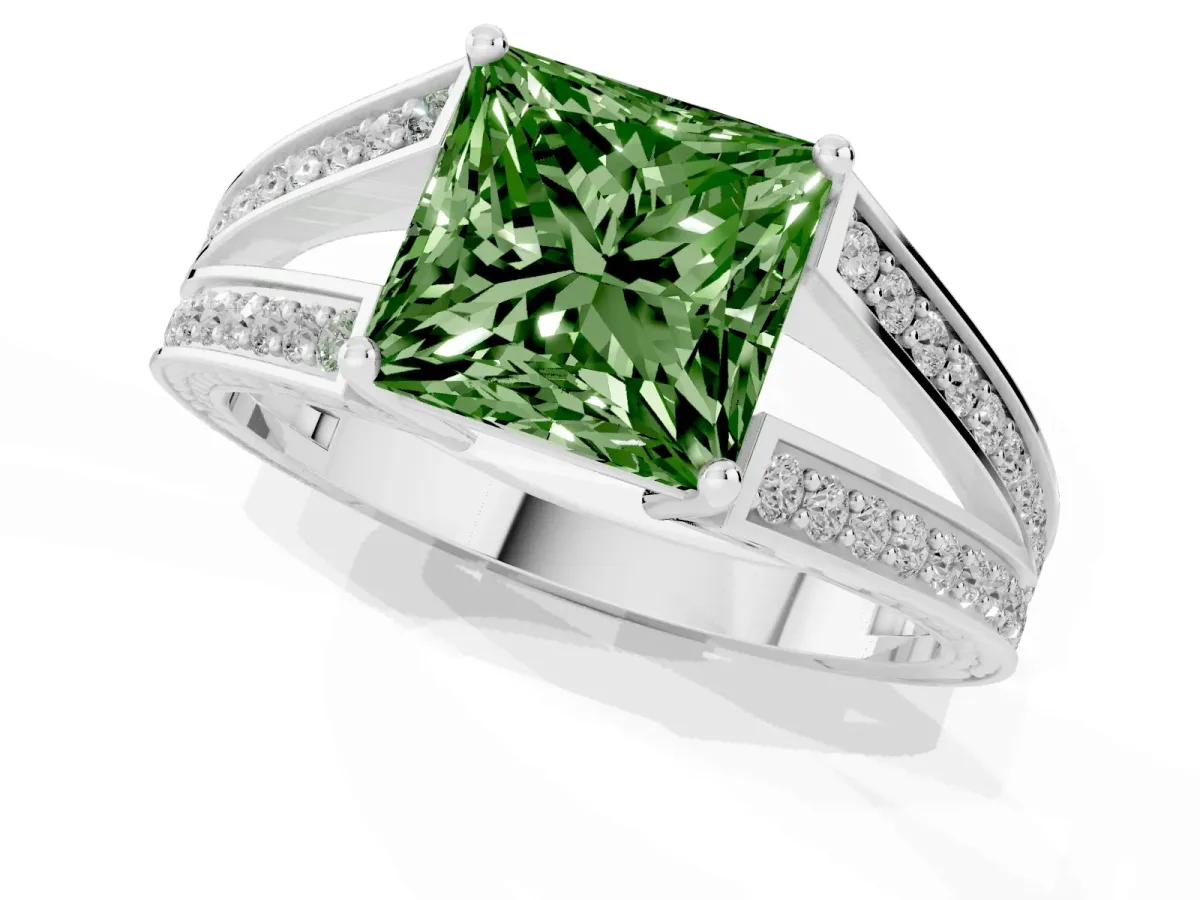 Fancy Green Princess Cut Diamond Split Shank Ring with Pavé Band and Four-Prong Setting Platinum