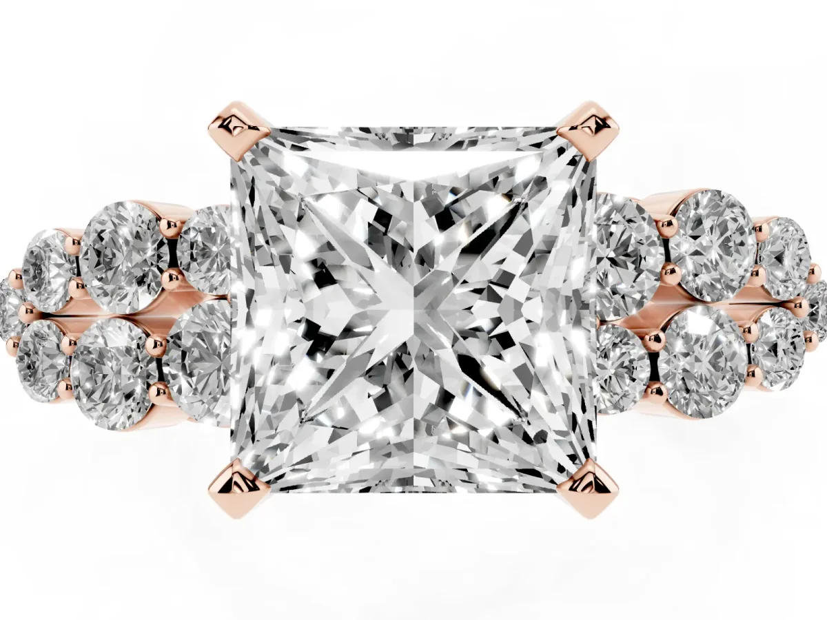 Princess Cut Cluster Diamond Engagement Ring with Pavé Band and Four-Prong Setting Rose gold