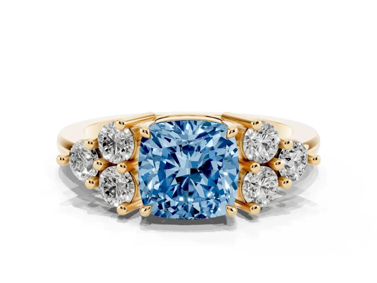 Fancy Blue Cushion Cut Brilliant Diamond Cluster Accent Solitaire Ring with Prong Setting Yellow gold