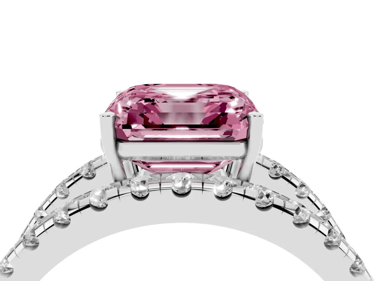 Fancy Pink Asscher Cut Solitaire Split Shank Pave Diamond Ring Platinum