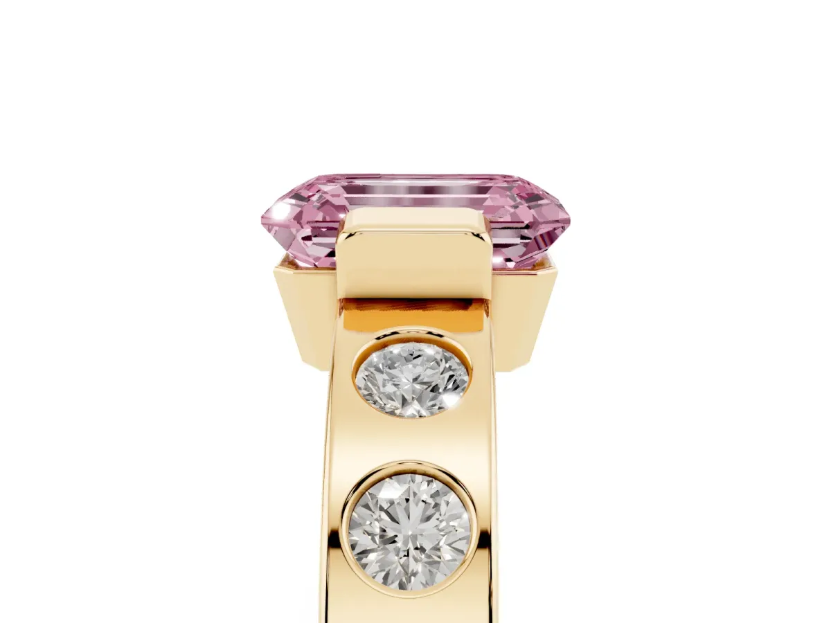 Fancy Pink Emerald Cut Brilliant Channel-Set Diamond Ring with Bezel Prong Setting Yellow gold