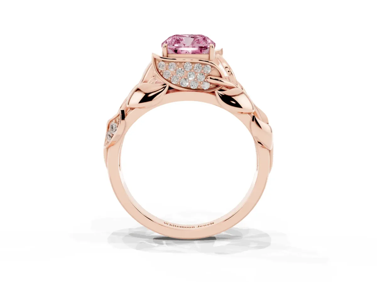 Fancy Pink Cushion Cut Diamond Leaf-Inspired Engagement Ring with Round Accents and Prong Setting Rose gold