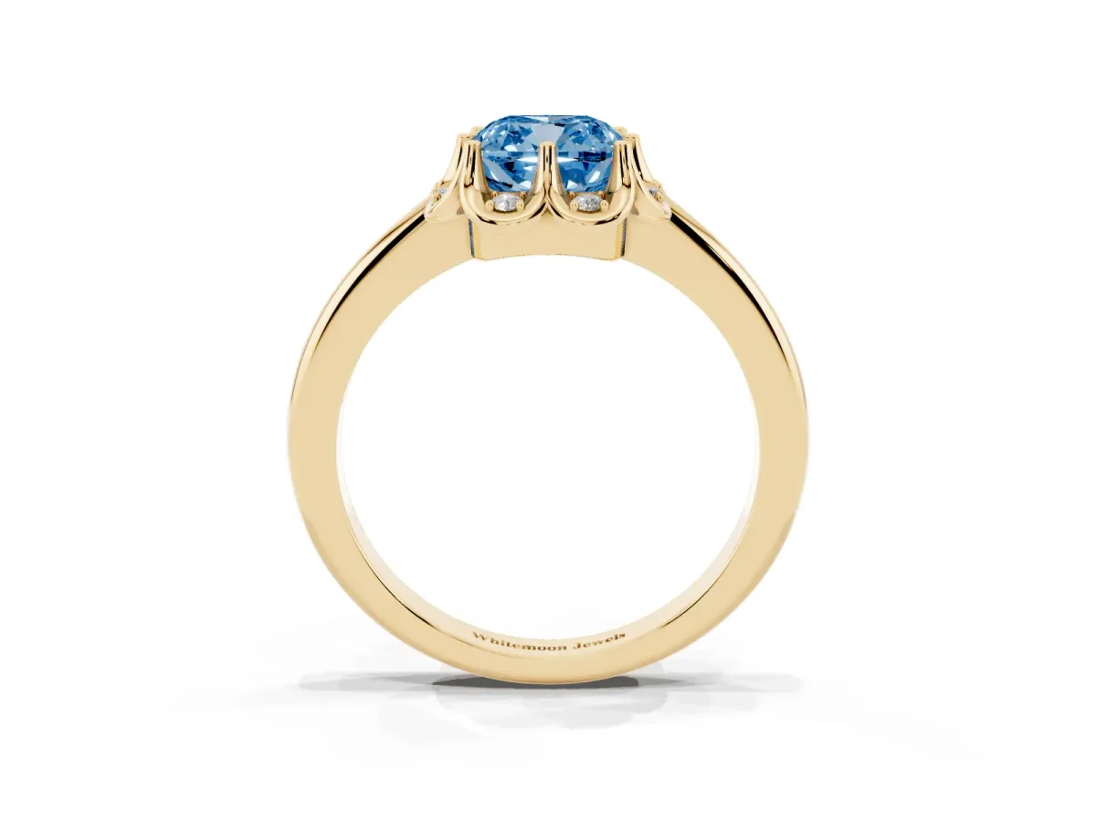 Fancy Blue Cushion Cut Halo Diamond Ring with Round Cluster Setting, Solitaire Band, and Four-Prong Setting Yellow gold