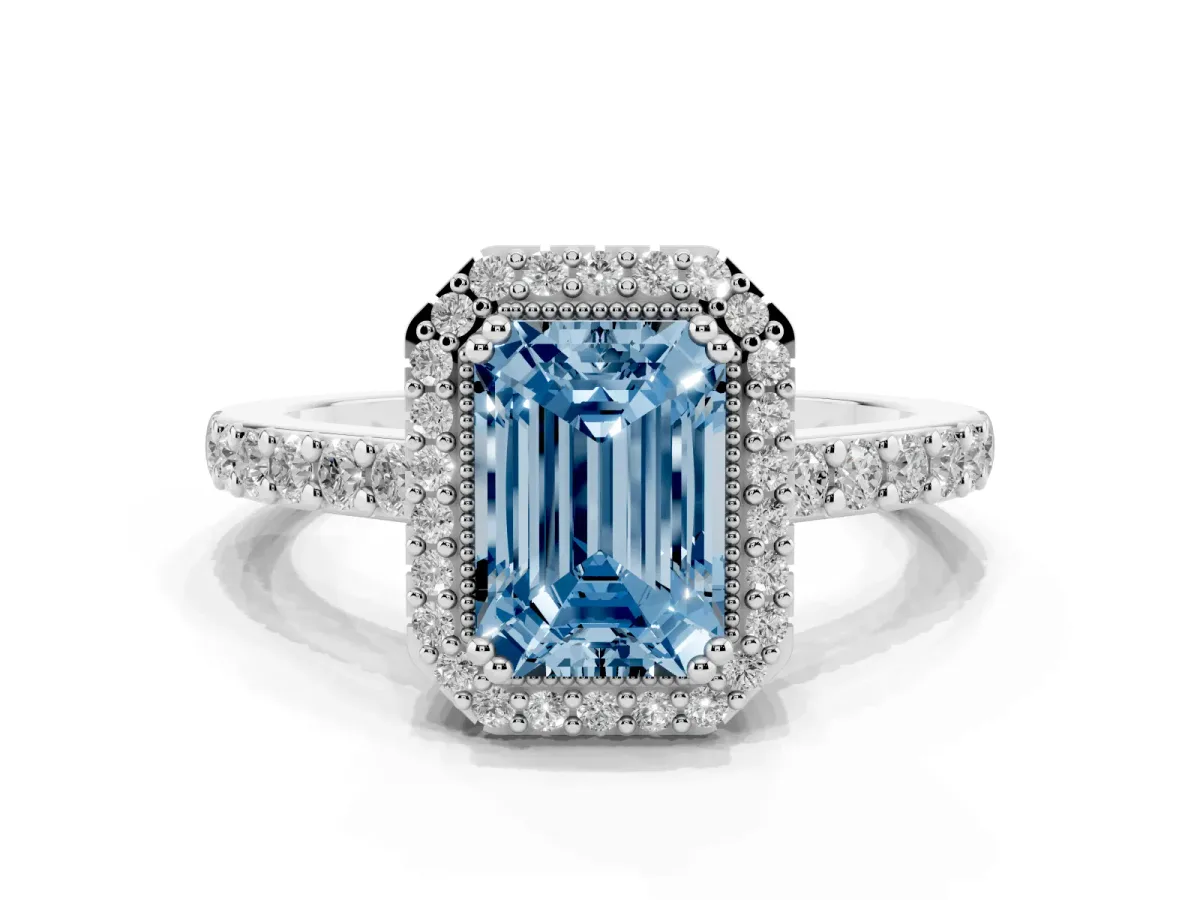 Fancy Blue Emerald Cut Cut Diamond Halo Engagement Ring with Milgrain Detail and Pavé Band White gold