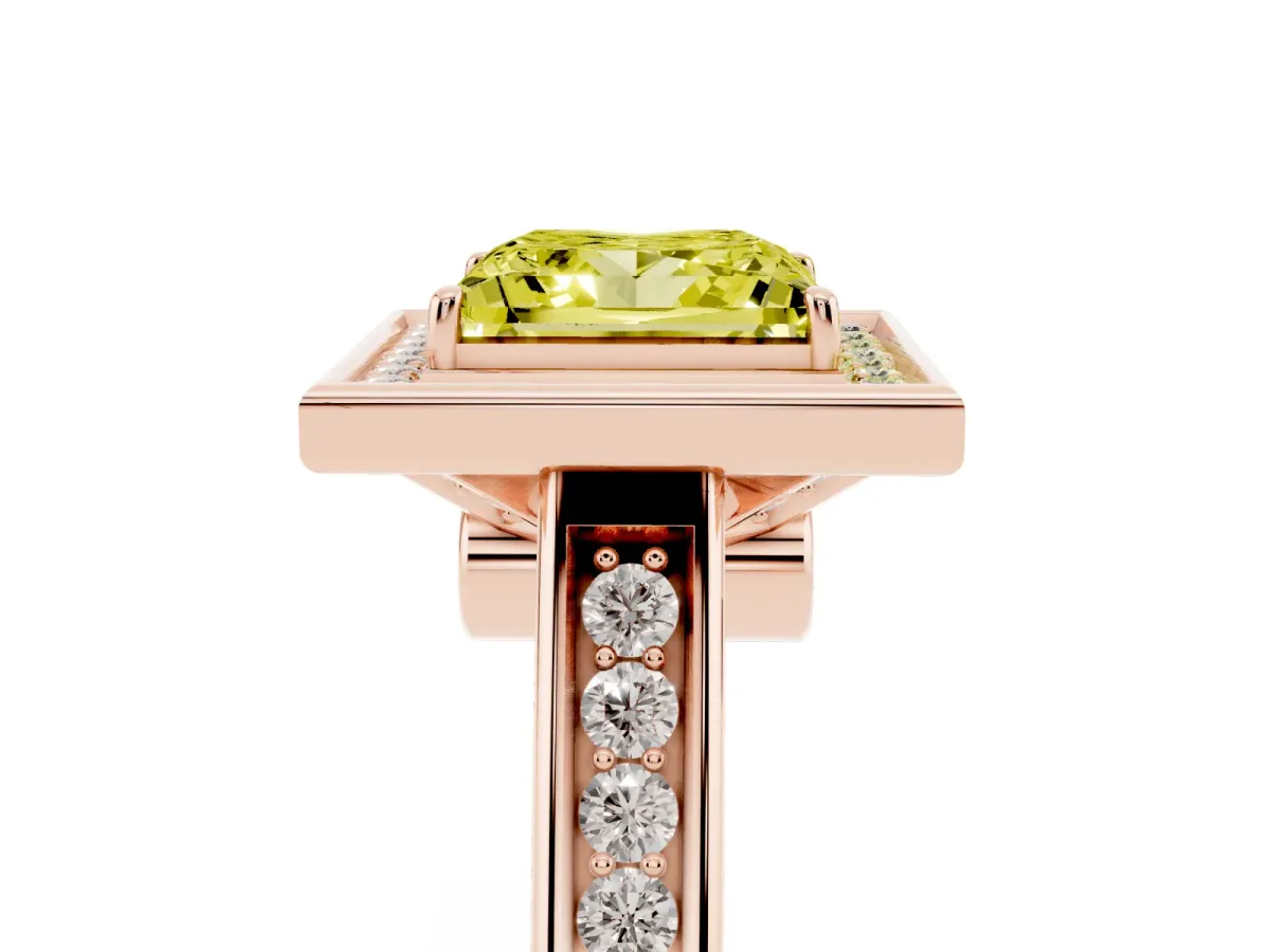 Fancy Yellow Princess Cut Halo Solitaire Diamond Ring with Pave Band and Bezel Setting Rose gold