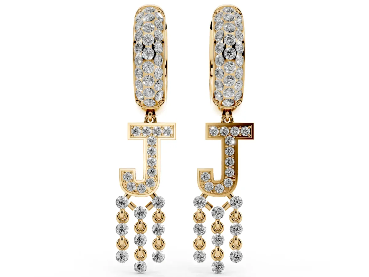 Round Diamond Initial J Huggie Hoop Earrings Yellow gold