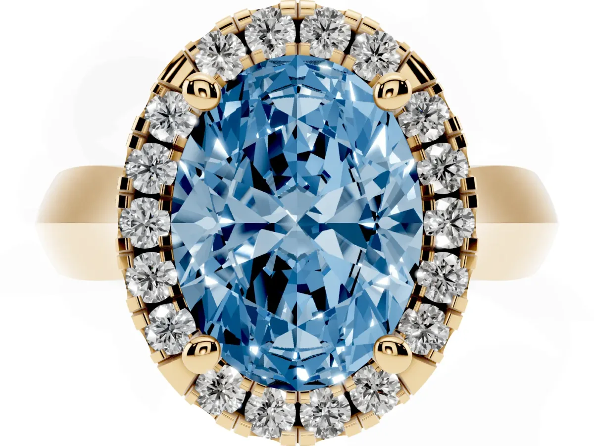 Fancy Blue Oval Cut Cut Halo Solitaire Engagement Ring with Square Band and Four-Prong Setting Yellow gold
