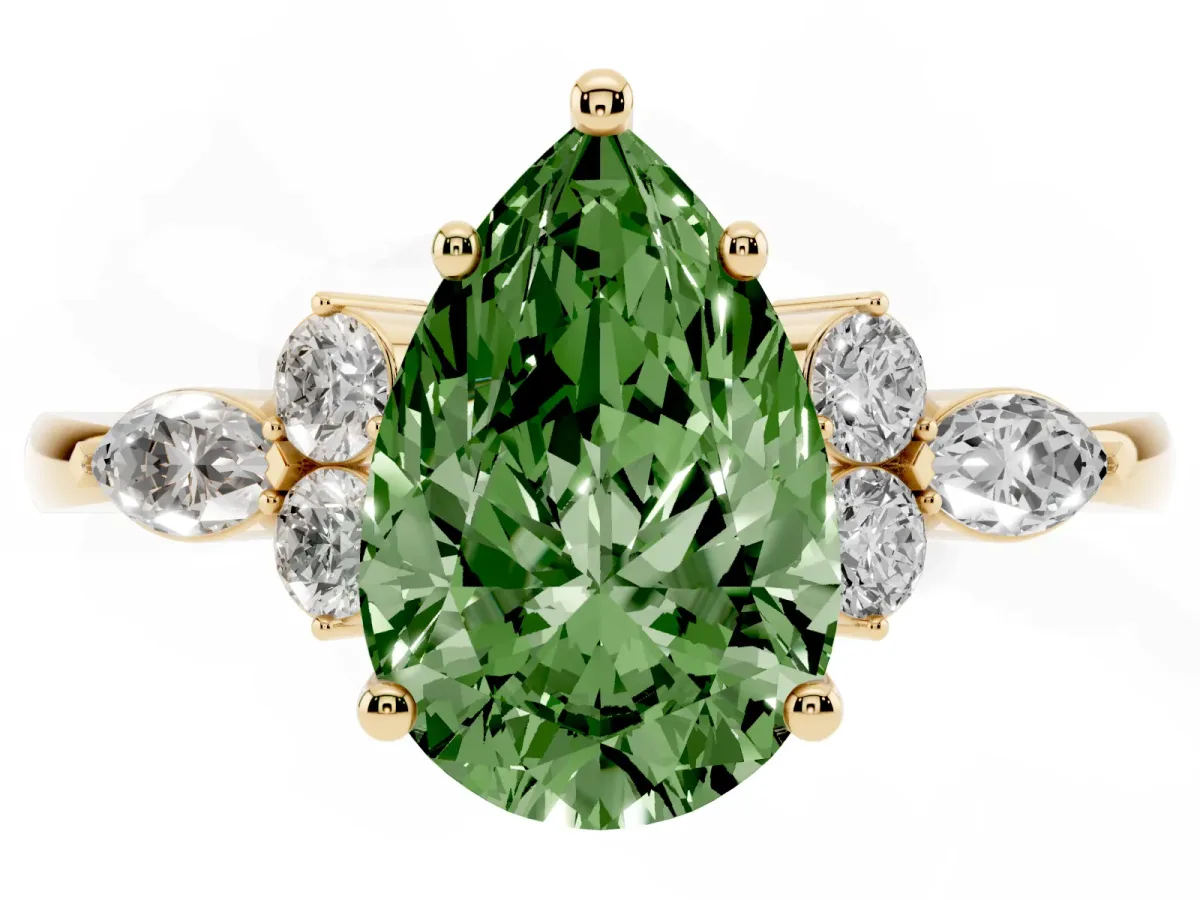 Fancy Green Pear Cut Brilliant Diamond Solitaire Ring with Pear Side Stones and Four-Prong Setting Yellow gold