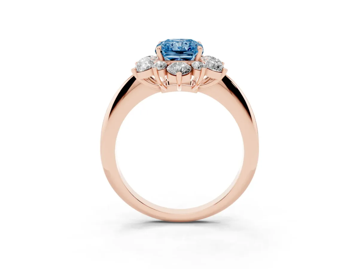 Fancy Blue Radiant Cut Diamond Cluster Halo Ring with Solitaire Band and Four-Prong Setting Rose gold
