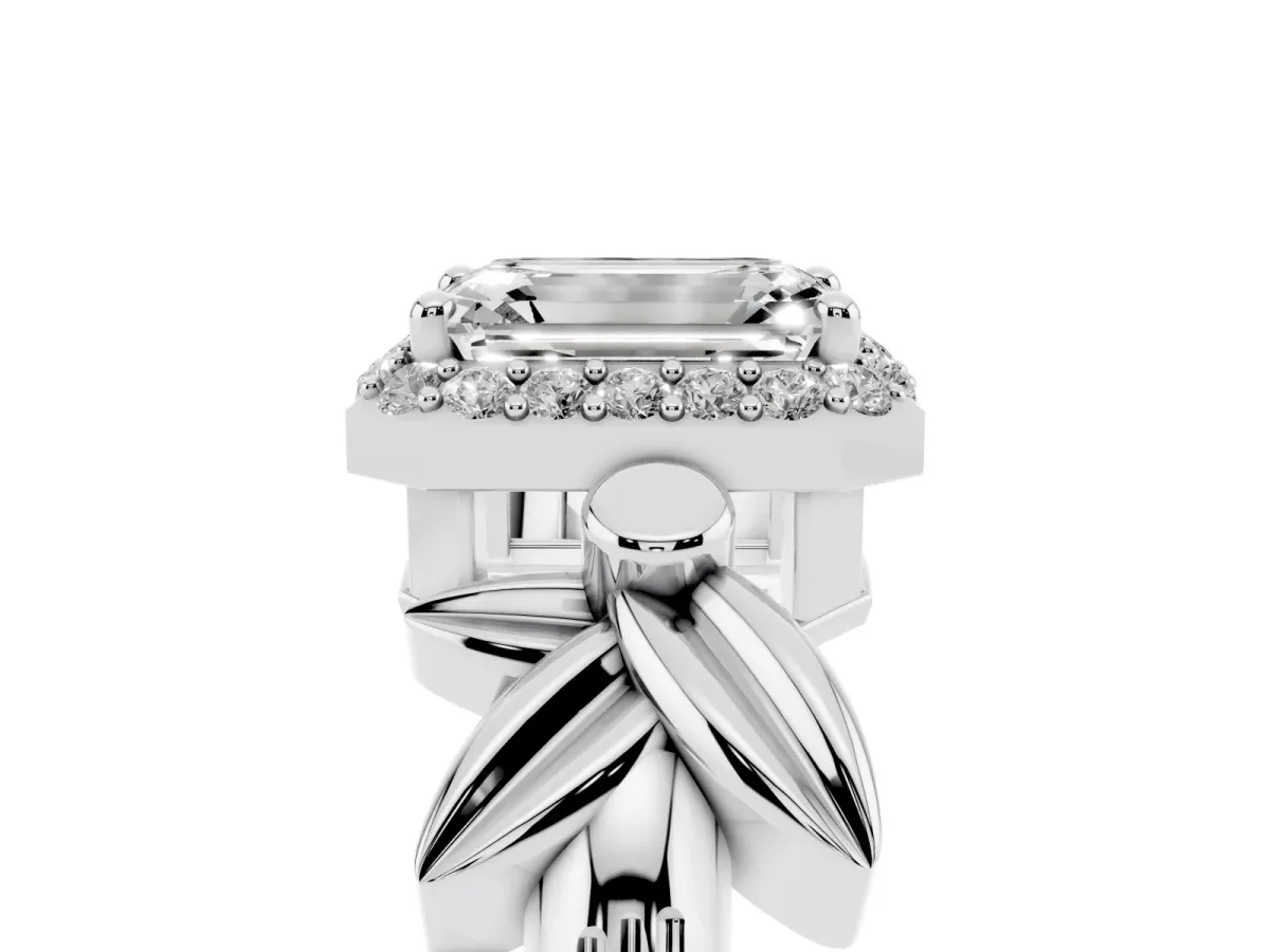 Emerald Cut Halo Diamond Floral Band with Four-Prong Setting Platinum