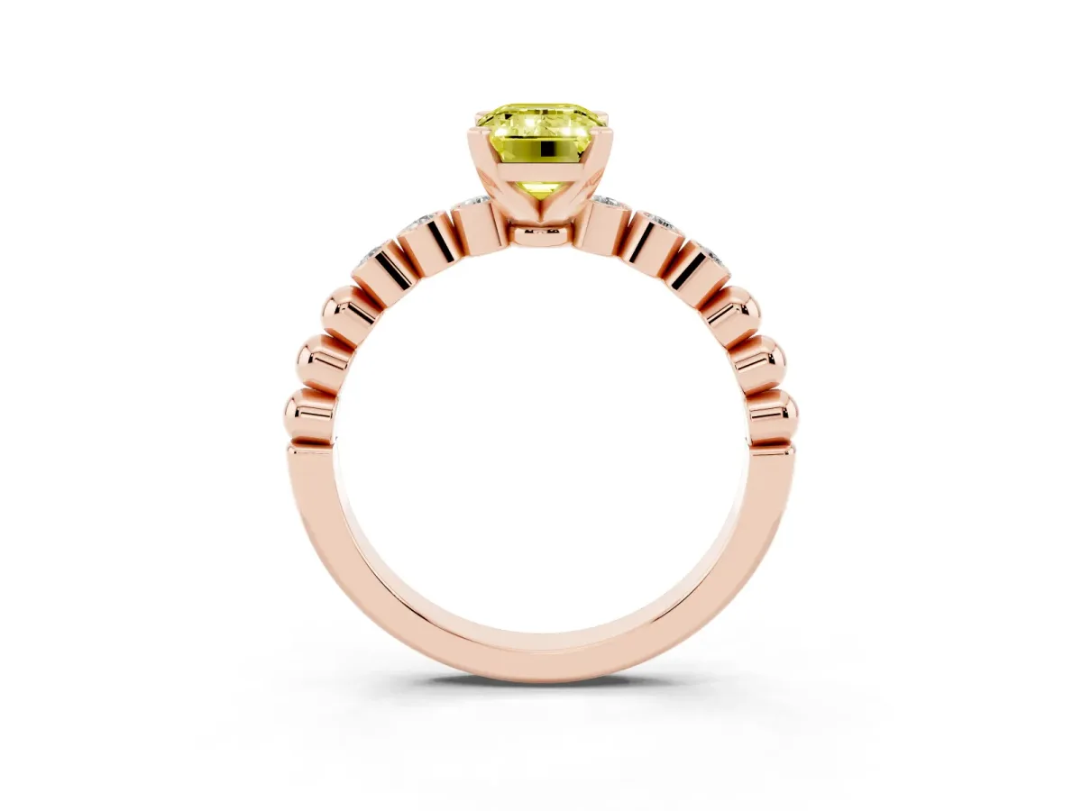 Fancy Yellow Emerald Cut Solitaire Bezel Accent Diamond Engagement Ring with Beaded Band and Four-Prong Setting Rose gold