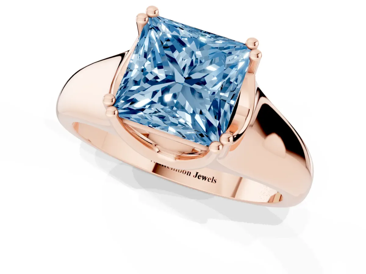 Fancy Blue Princess Cut Diamond Solitaire Ring with Wide Band and Prong Setting Rose gold