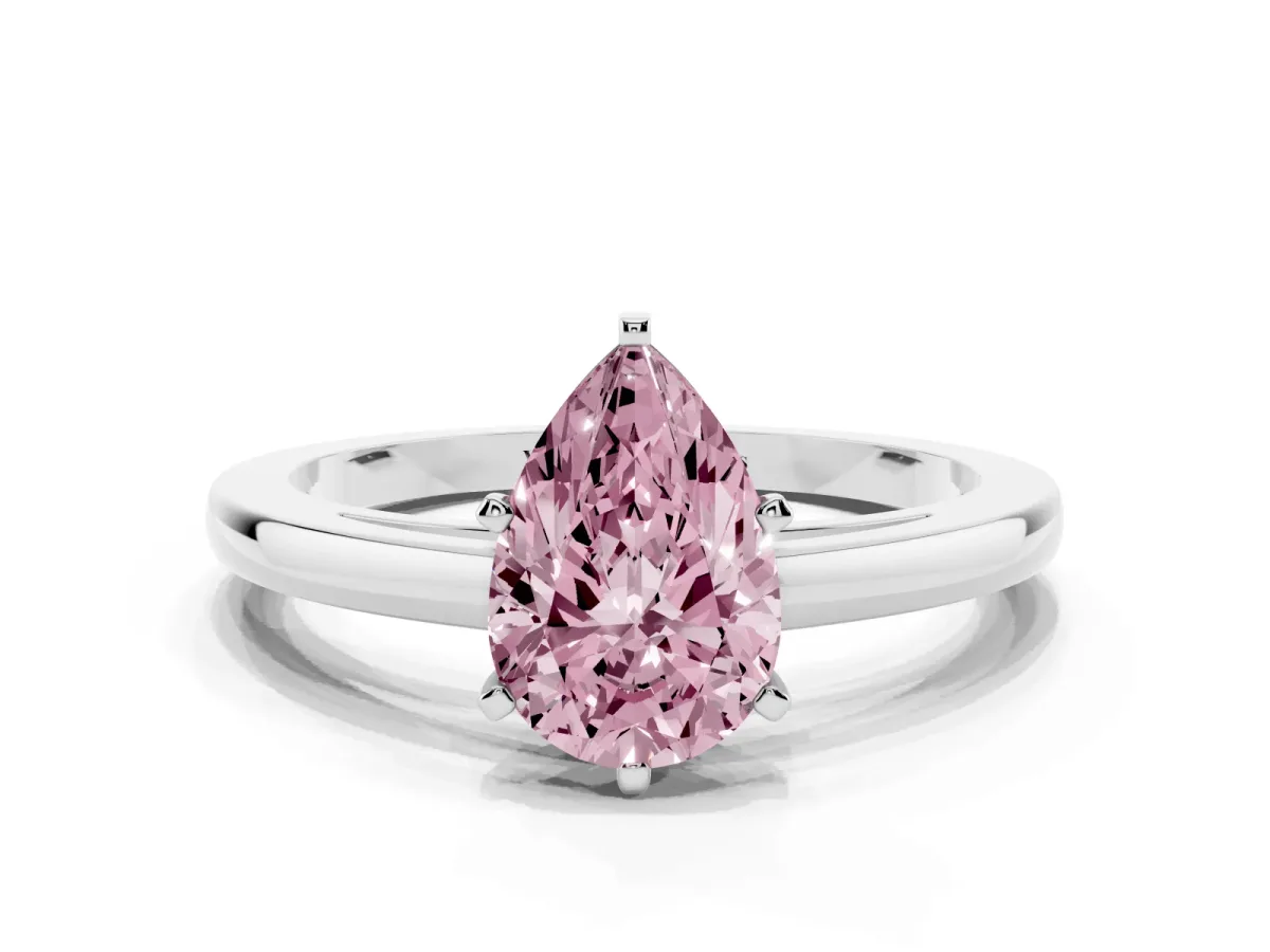 Fancy Pink Pear Cut Solitaire Diamond Engagement Ring with Four-Prong Setting on a Classic Band Platinum