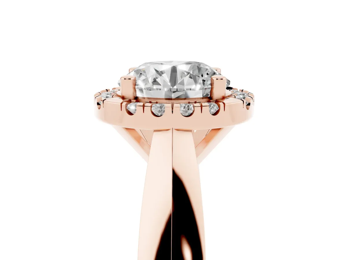 Round Cut Cut Halo Solitaire Engagement Ring with Square Band and Four-Prong Setting Rose gold