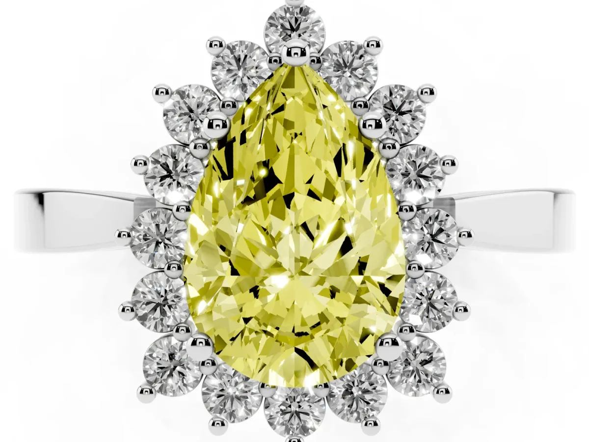 Fancy Yellow Pear Cut Cut Diamond Halo Ring with Round Brilliant Halo and Solitaire Band Silver