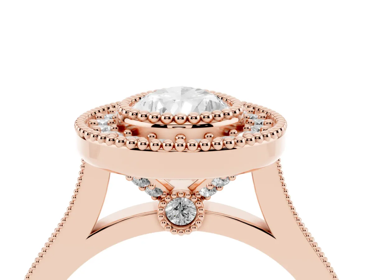Pear Cut Diamond Halo Ring with Milgrain Frame and Pavé Band Rose gold