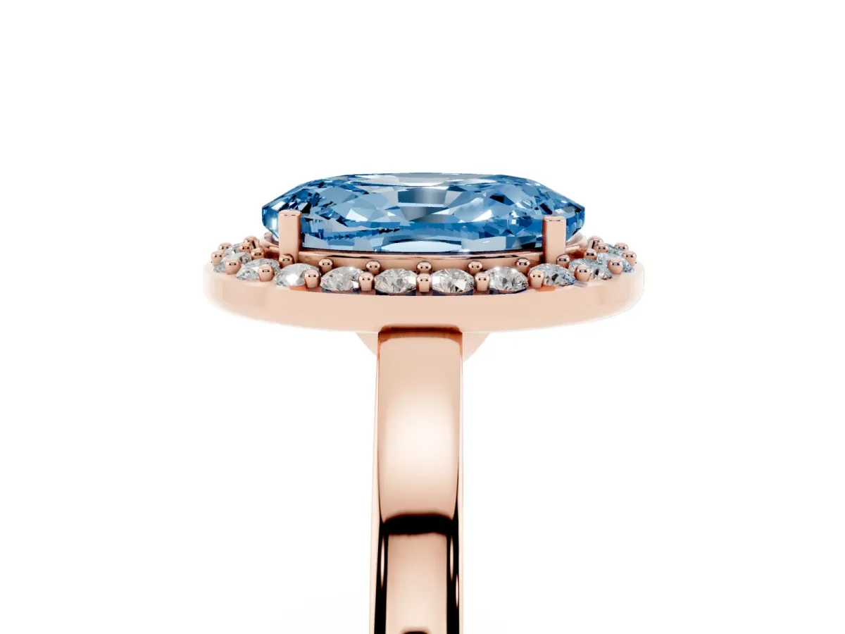 Fancy Blue Oval Cut Halo Diamond Ring with Solitaire Band and Prong Setting Rose gold