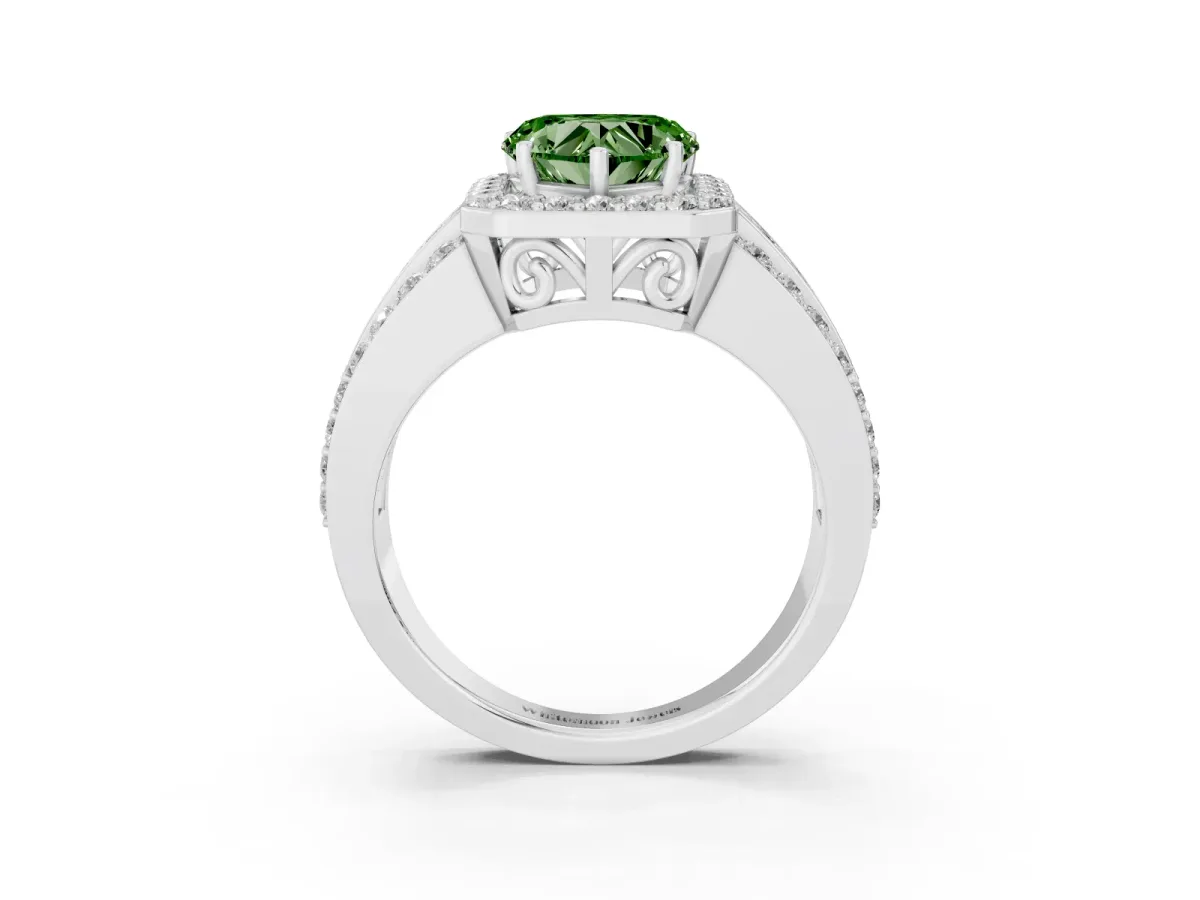 Fancy Green Heart Cut Halo Diamond Ring with Round Split Shank and Prong Setting Silver