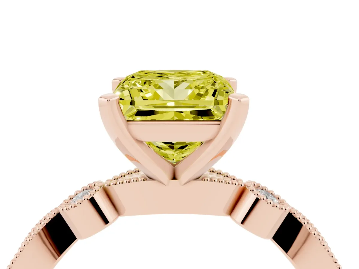 Fancy Yellow Princess Cut Milgrain Bezel Diamond Engagement Ring with Solitaire Prong Setting Rose gold