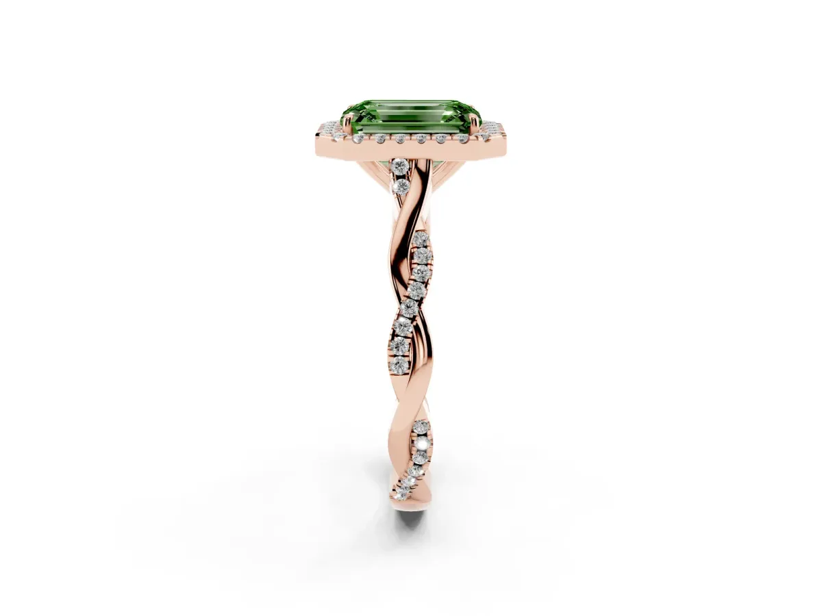 Fancy Green Emerald Cut Halo Twist Band Solitaire Ring Rose gold