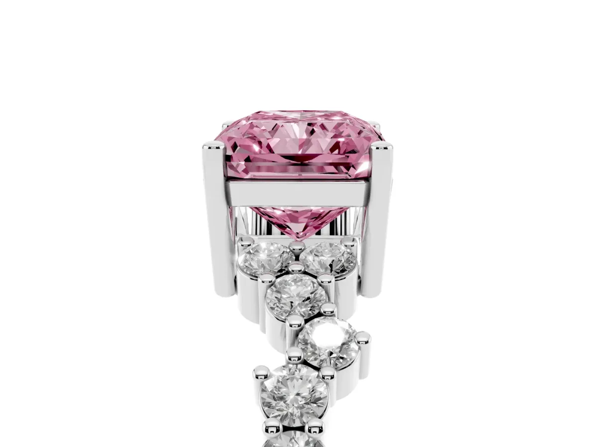 Fancy Pink Radiant Cut Diamond Scattered Round Accent Ring with Prong Setting White gold