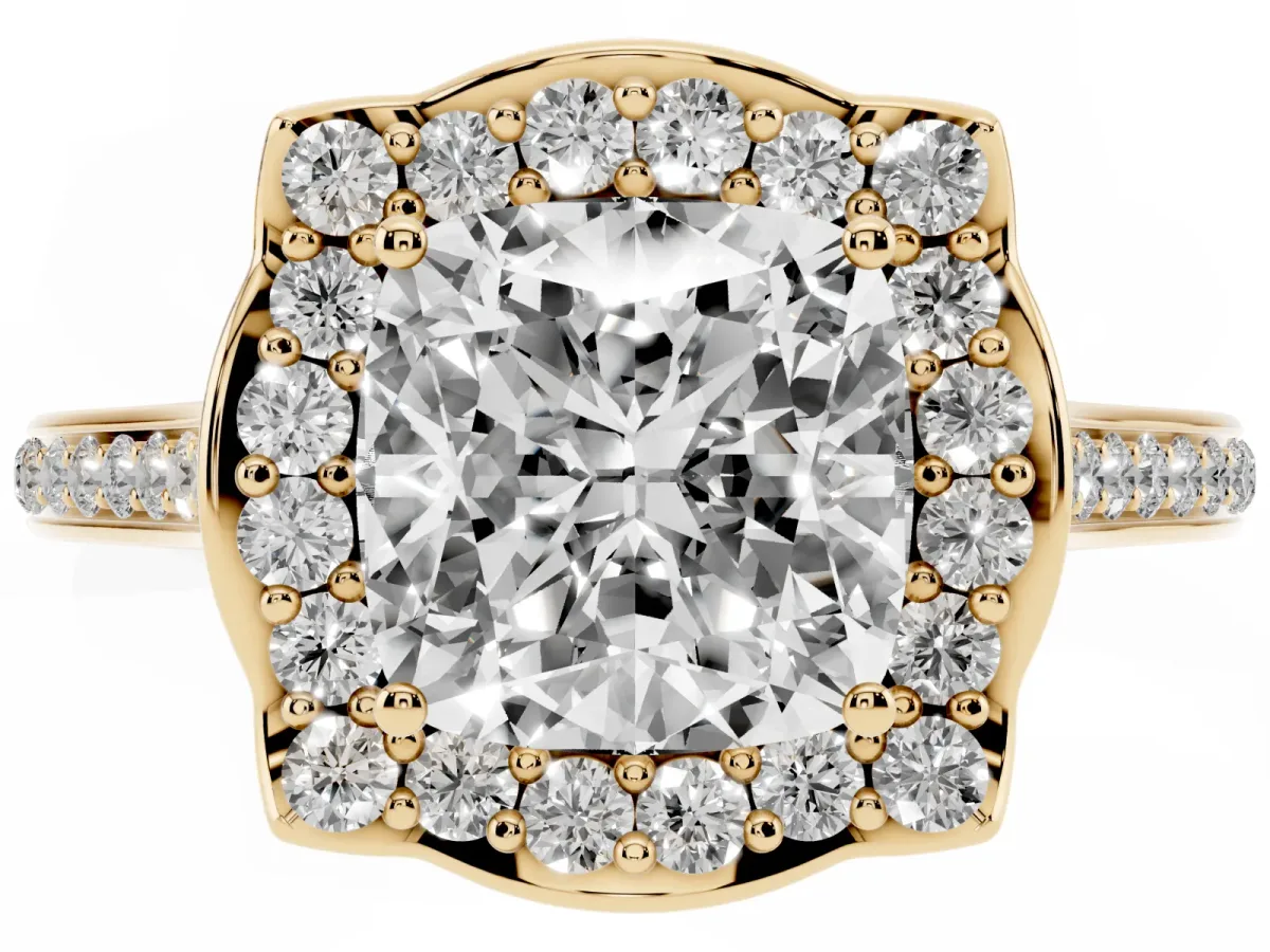 Cushion Cut Halo Round Diamond Pave Band with Four-Prong Setting Yellow gold