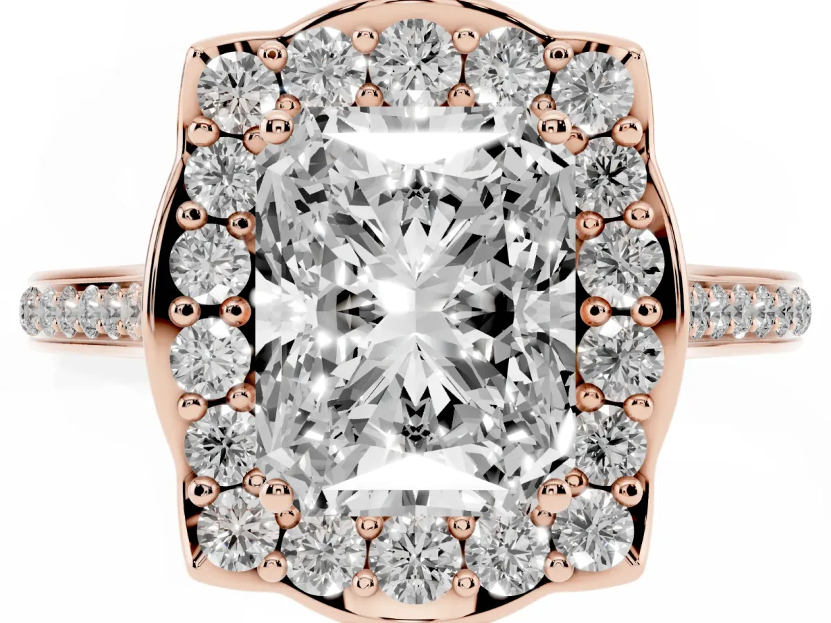 Radiant Cut Halo Round Diamond Pave Band with Four-Prong Setting Rose gold