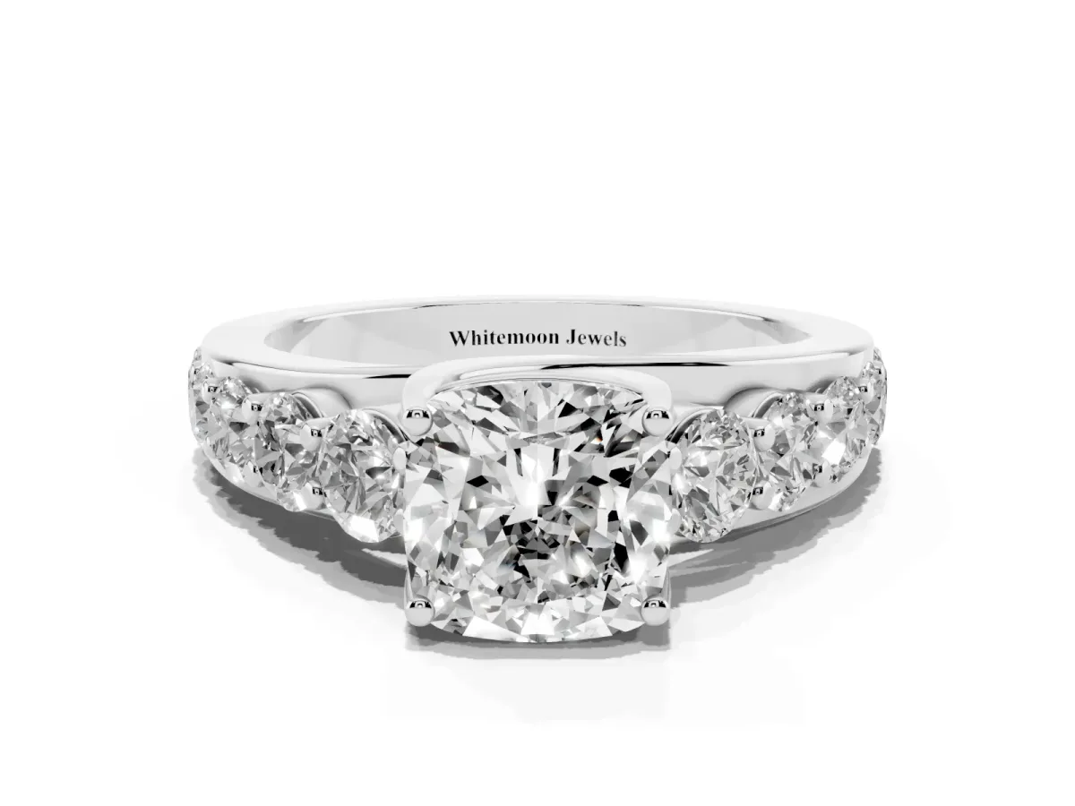 Cushion Cut Diamond Engagement Ring with Pavé Band and Four-Prong Setting Silver