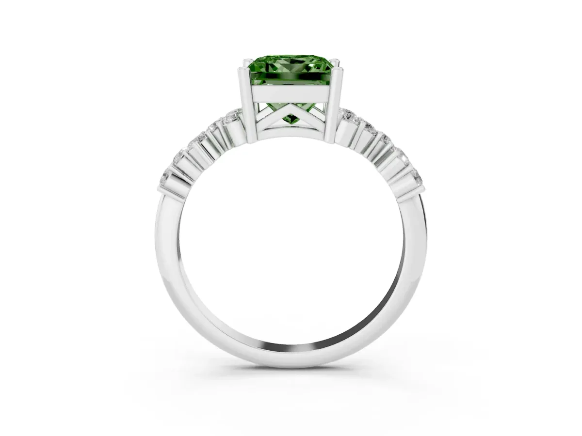 Fancy Green Princess Cut Diamond Scattered Round Accent Ring with Prong Setting Silver
