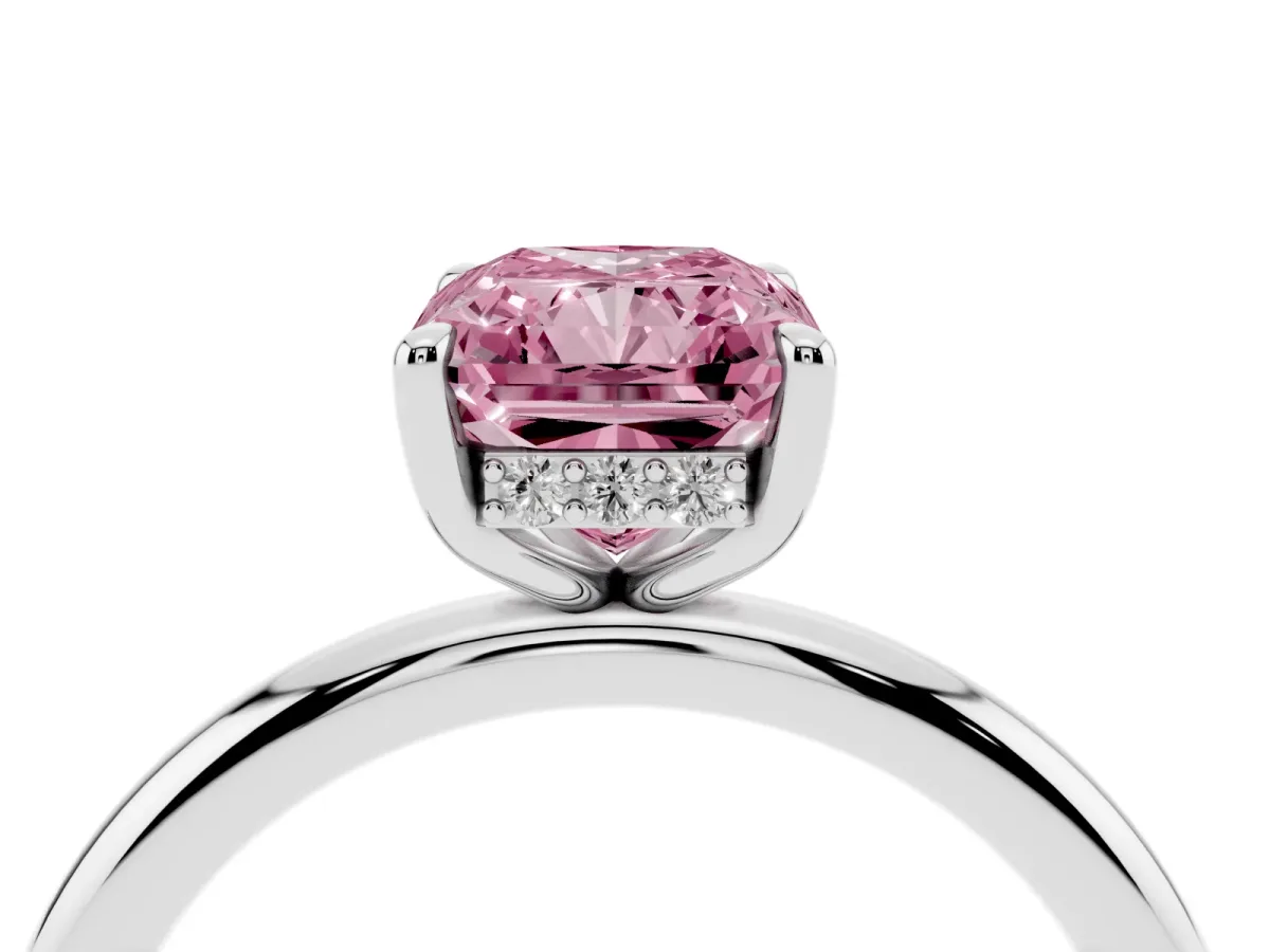 Fancy Pink Radiant Cut Diamond Solitaire Ring with Thin Band and Four-Prong Setting Silver