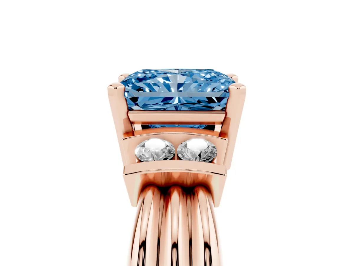 Fancy Blue Radiant Cut Cut Three-Stone Channel Set Ring with Bar Prongs Rose gold