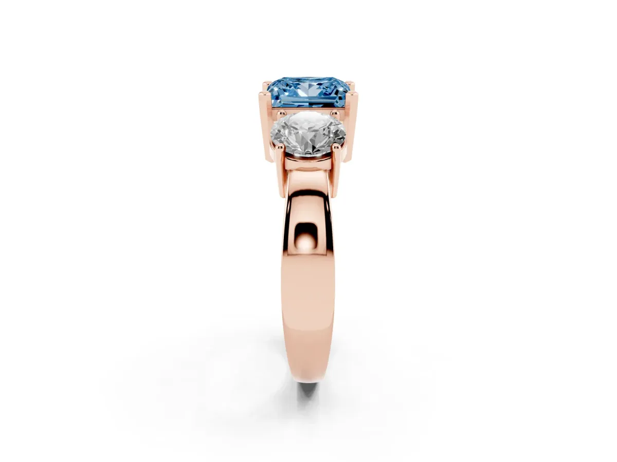 Fancy Blue Three-Stone Princess Cut Diamond Ring with Round Side Stones, Classic Band, and Four-Prong Setting Rose gold