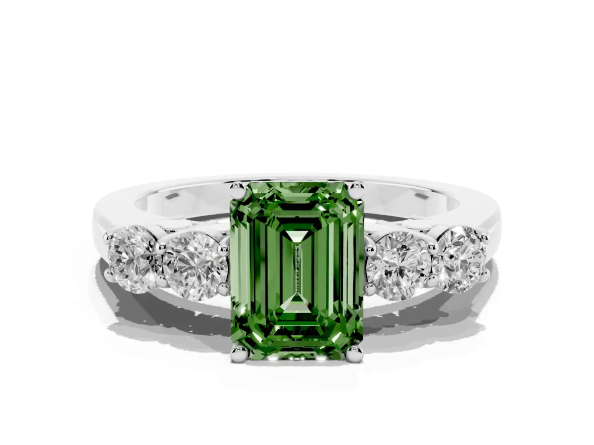 Fancy Green Emerald Cut Cut Diamond Five-Stone Prong Set White Gold Ring Silver