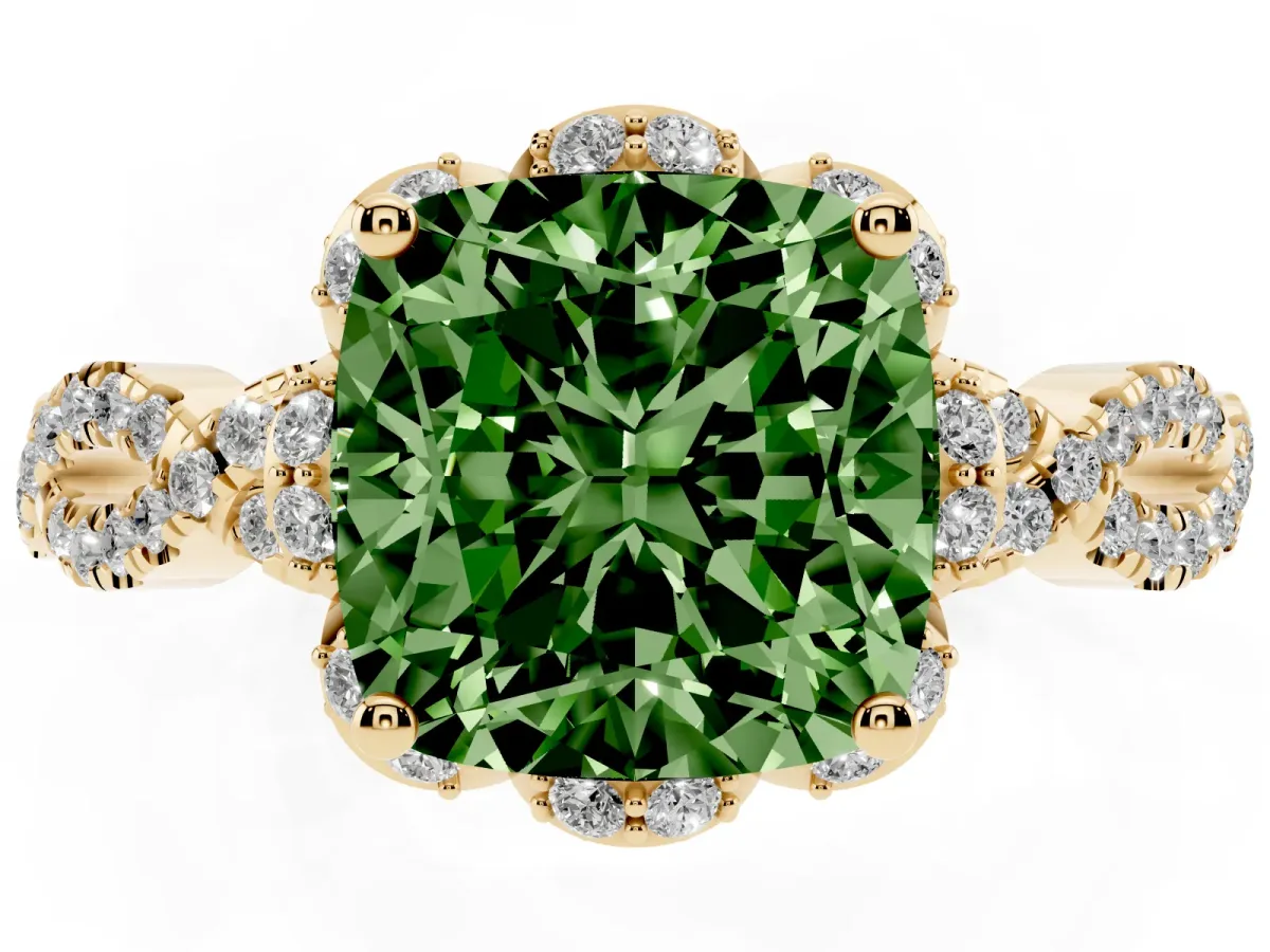 Fancy Green Cushion Cut Halo Twist Band Solitaire Ring with Six-Prong Setting Yellow gold