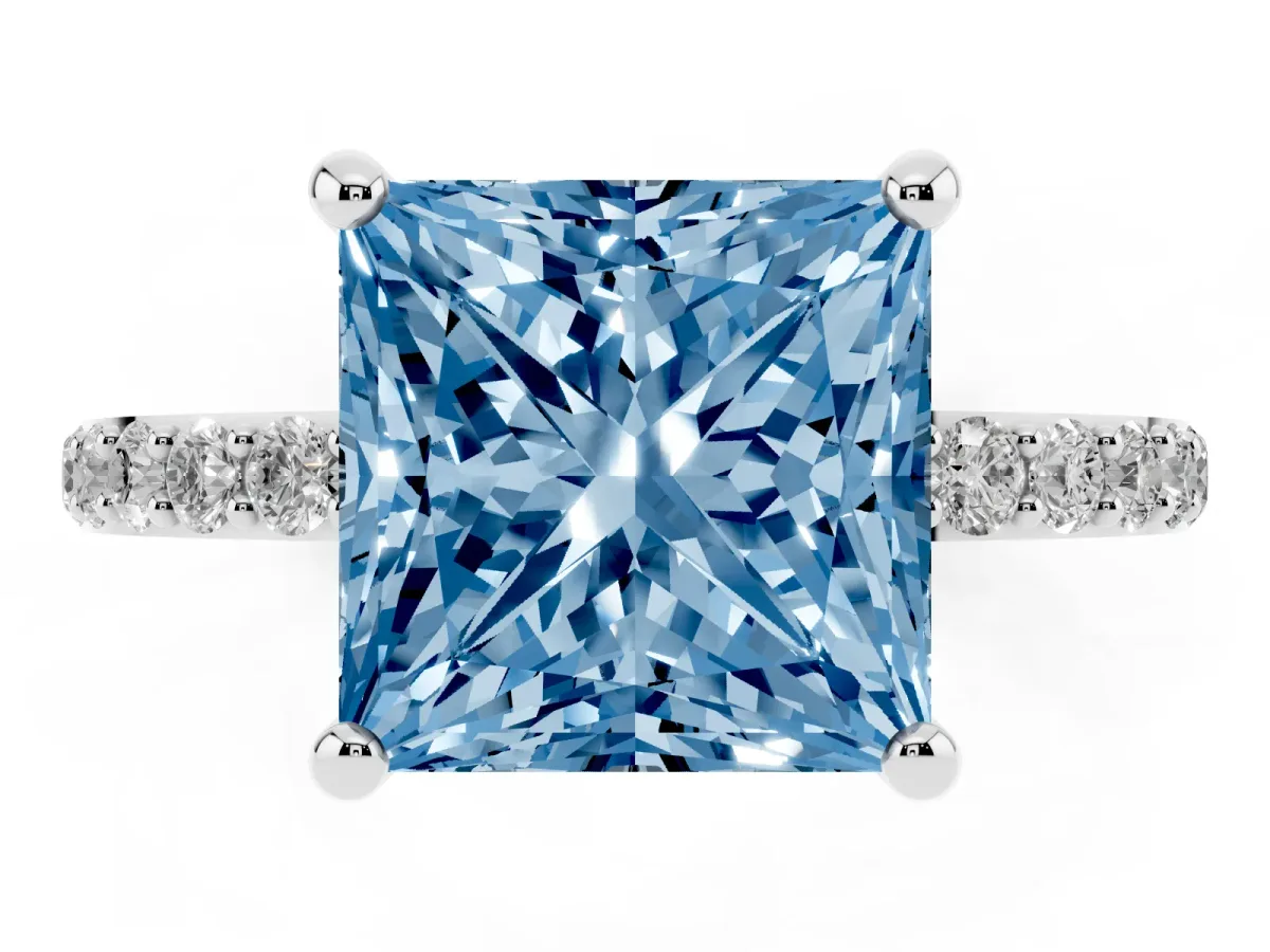 Fancy Blue Princess Cut Diamond Solitaire Ring with Round Pavé Band and Prong Setting Silver