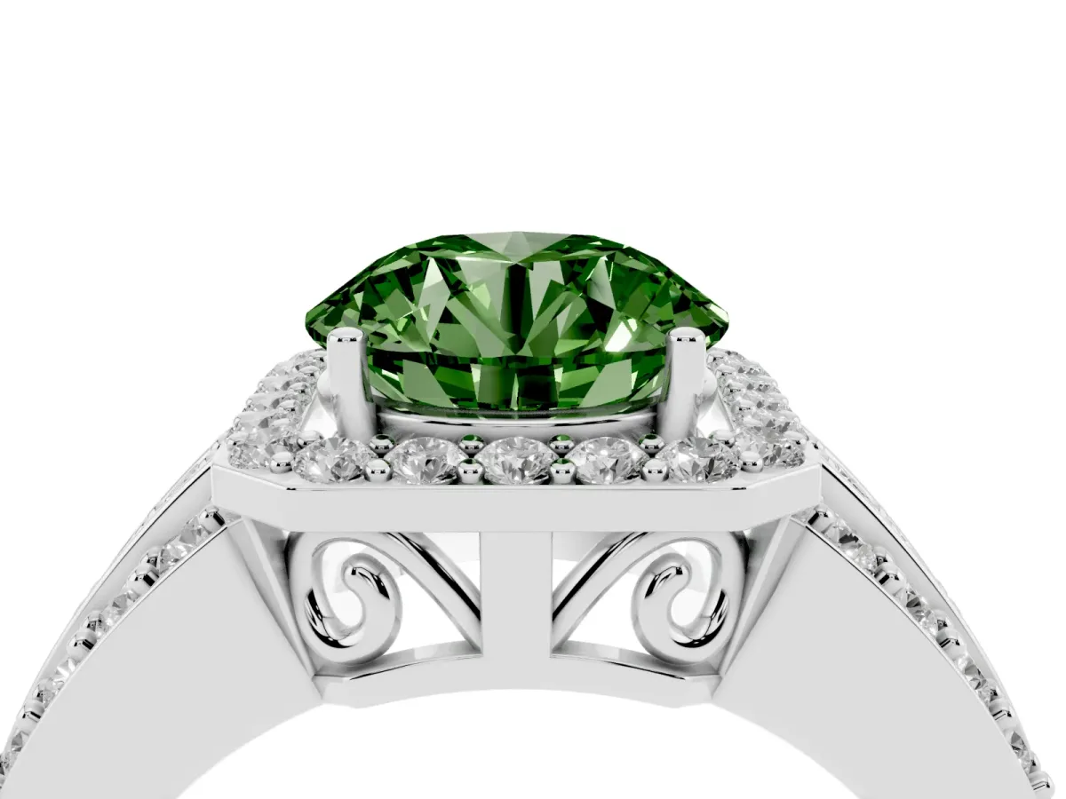Fancy Green Round Cut Halo Diamond Ring with Round Split Shank and Prong Setting Silver