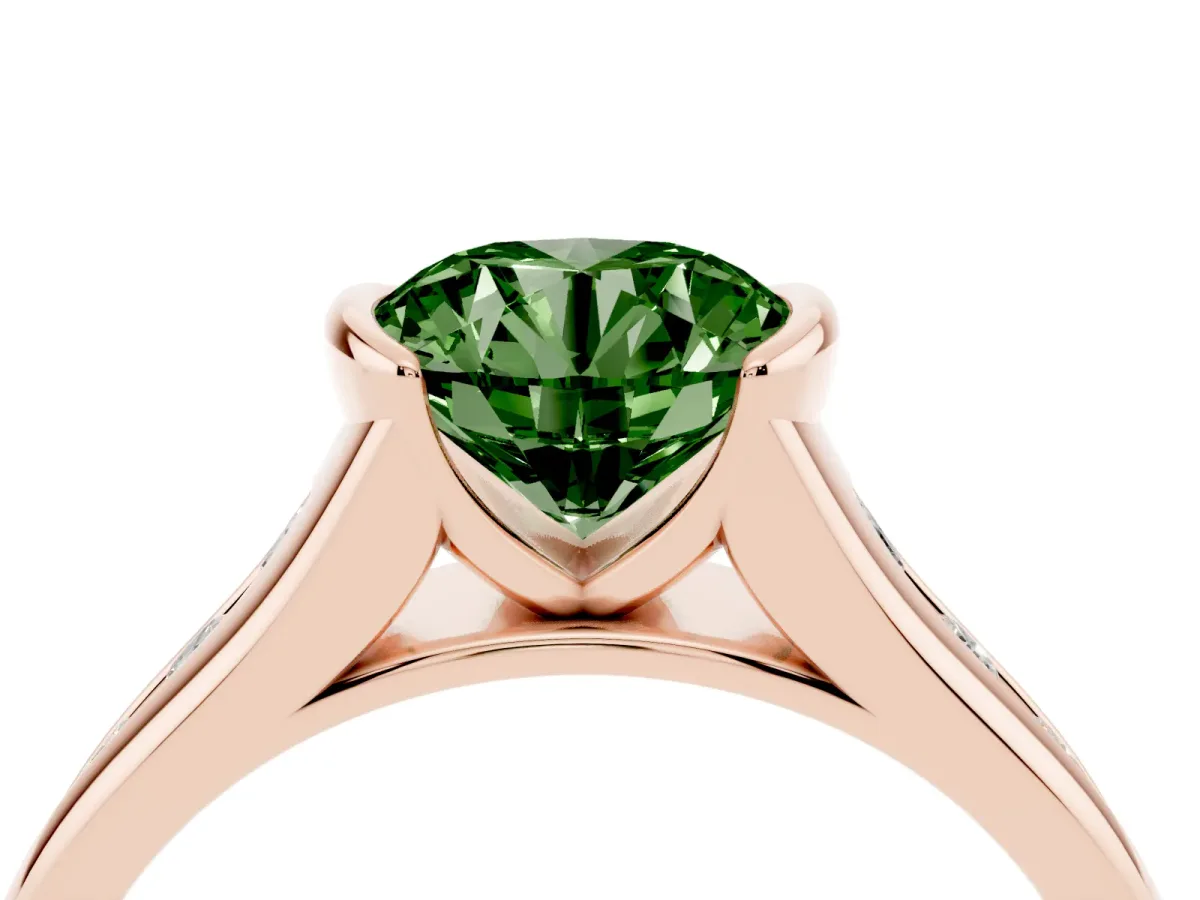 Fancy Green Round Cut Solitaire Bezel-Set Diamond Ring with Channel-Set Band Rose gold