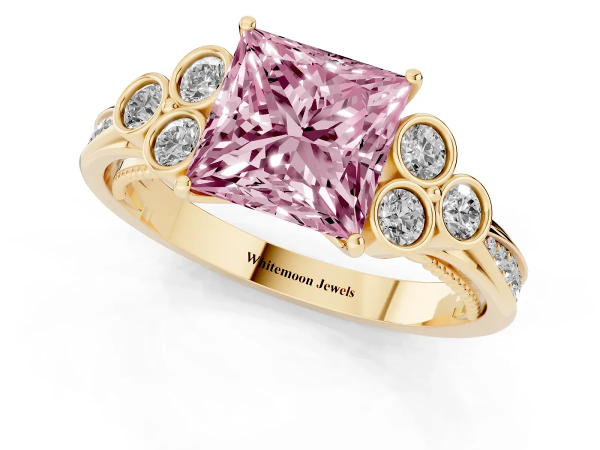 Fancy Pink Princess Cut Cut Diamond Engagement Ring with Bezel Set Round Side Stones and Prong Setting Yellow gold