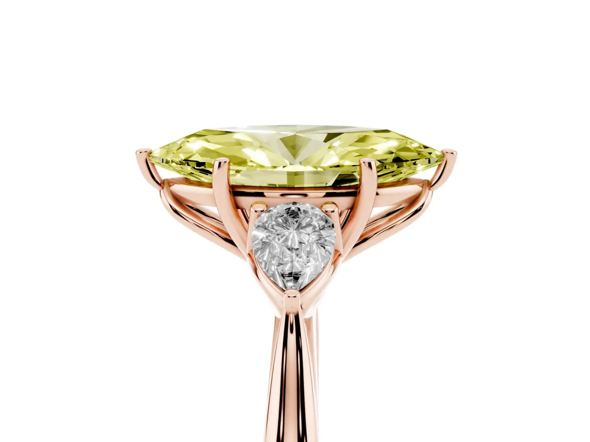 Fancy Yellow Three-Stone Marquise Cut Brilliant Diamond Solitaire Ring with Tapered Band and Four-Prong Setting Rose gold