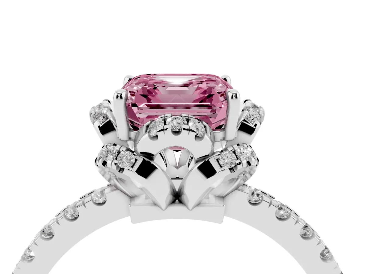 Fancy Pink Asscher Cut Diamond Halo Pave Band with Four-Prong Setting White gold