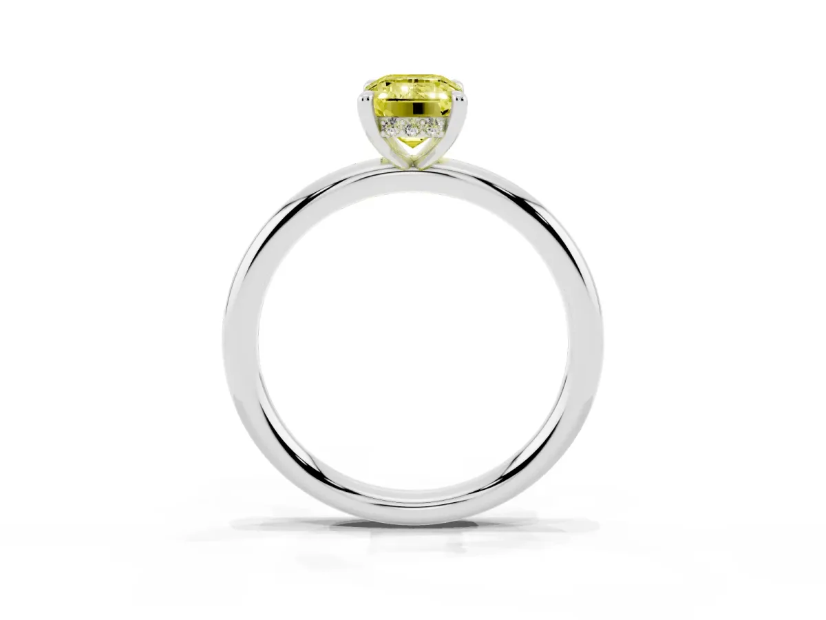 Fancy Yellow Emerald Cut Diamond Solitaire Ring with Thin Band and Four-Prong Setting Silver