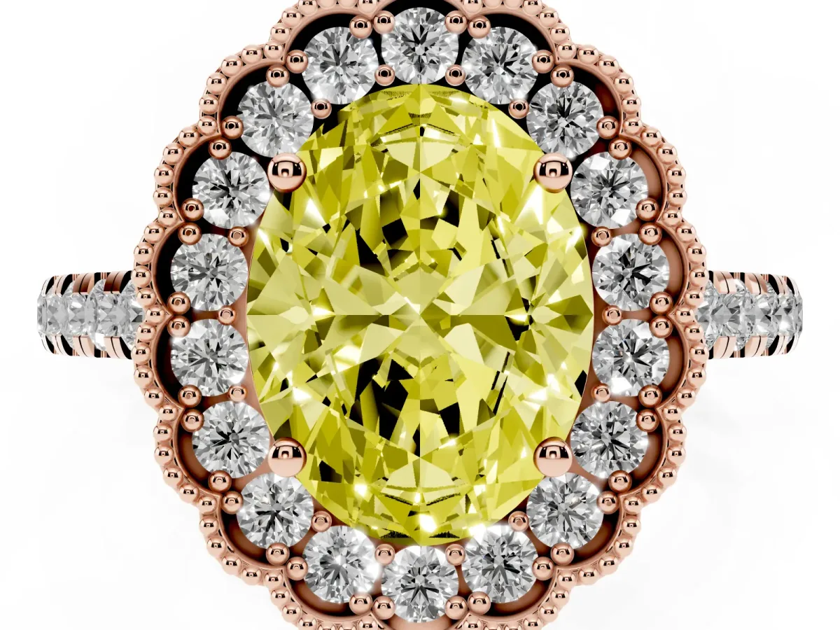 Fancy Yellow Oval Cut Cut Diamond Milgrain Floral Halo Engagement Ring with Pavé Band Rose gold