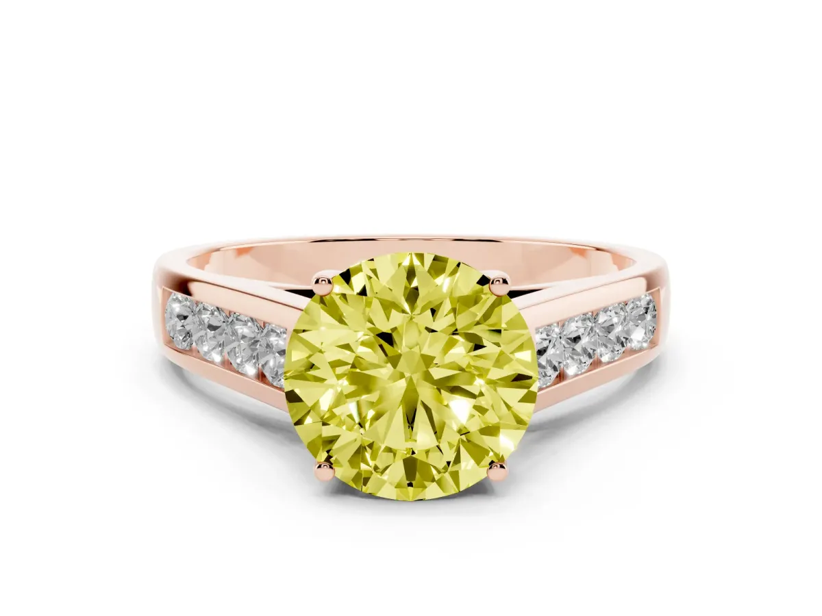 Fancy Yellow Round Cut Solitaire Channel-Set Diamond Engagement Ring with Four-Prong Setting Rose gold