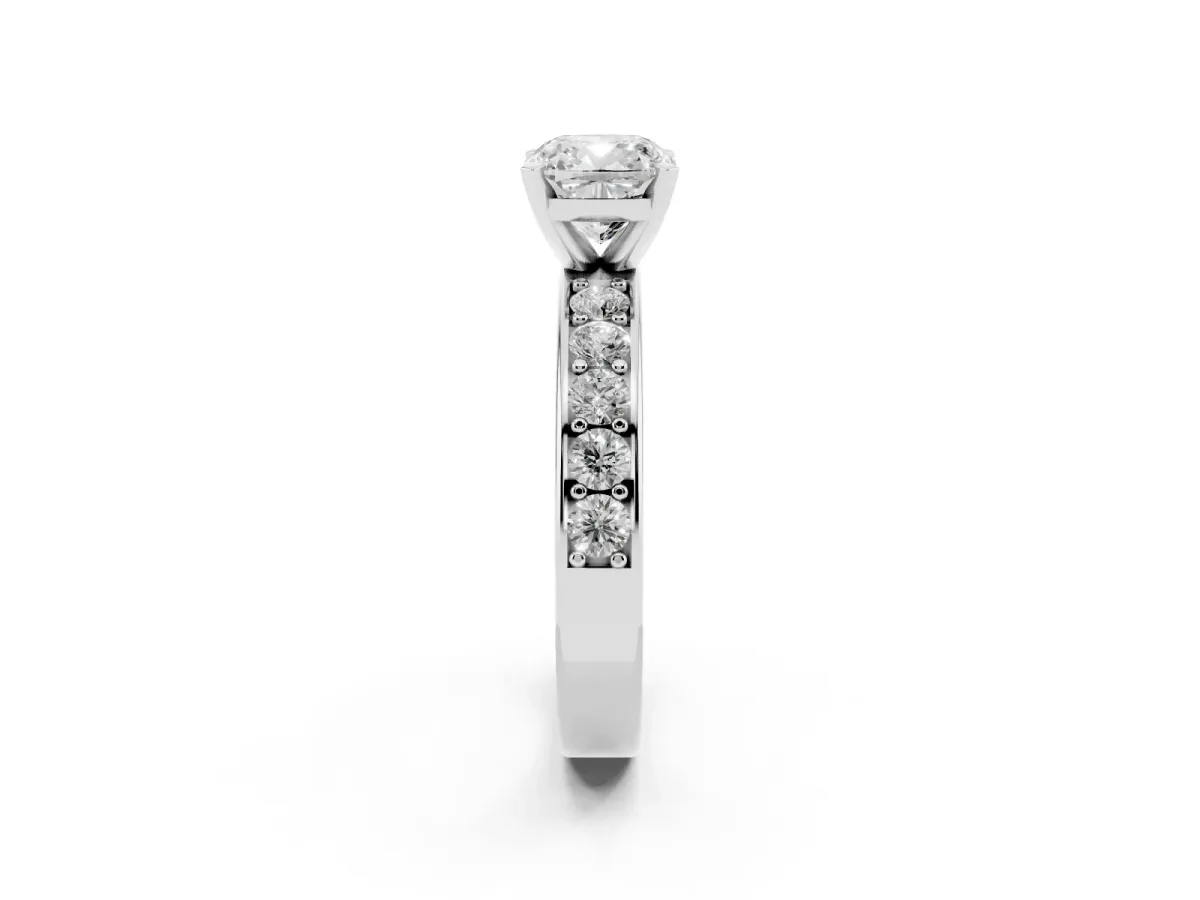 Cushion Cut Diamond Engagement Ring with Channel Set Round Band and Prong Setting Platinum