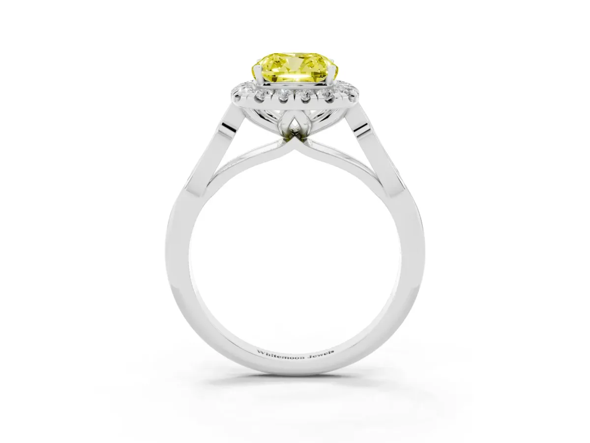 Fancy Yellow Cushion Cut Halo Diamond Engagement Ring with Filigree Band and Four-Prong Setting White gold
